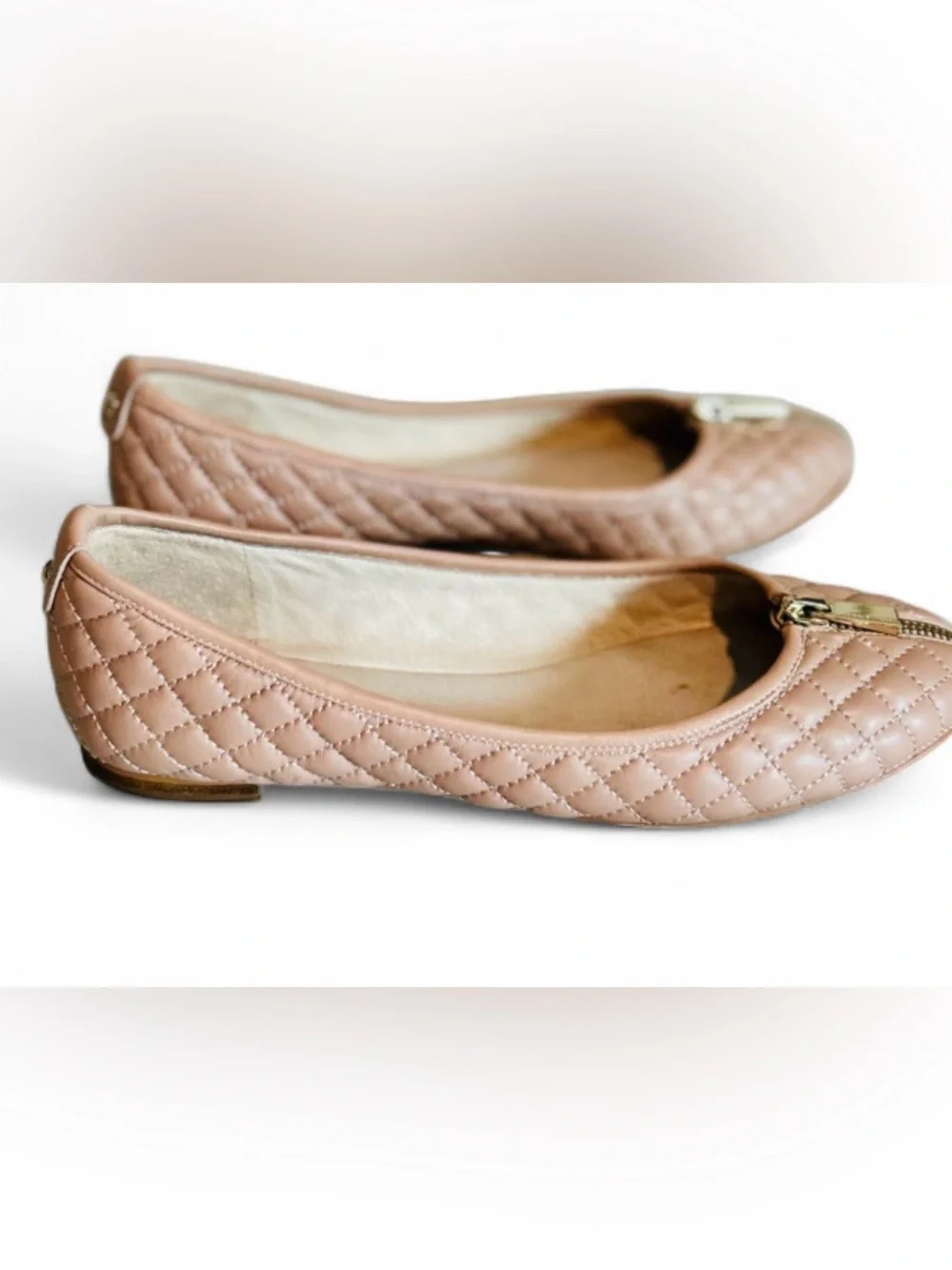 Vince Camuto Minndy Blush Quilted Leather Ballet Flats with Gold Zipper 10